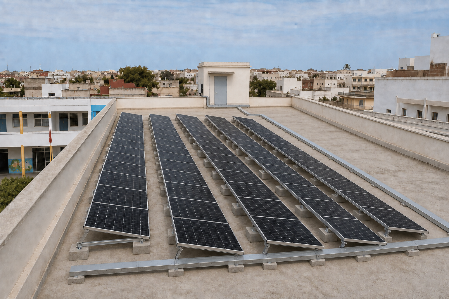 Techniciens installant des panneaux solaires en toiture-terrasse à Casablanca