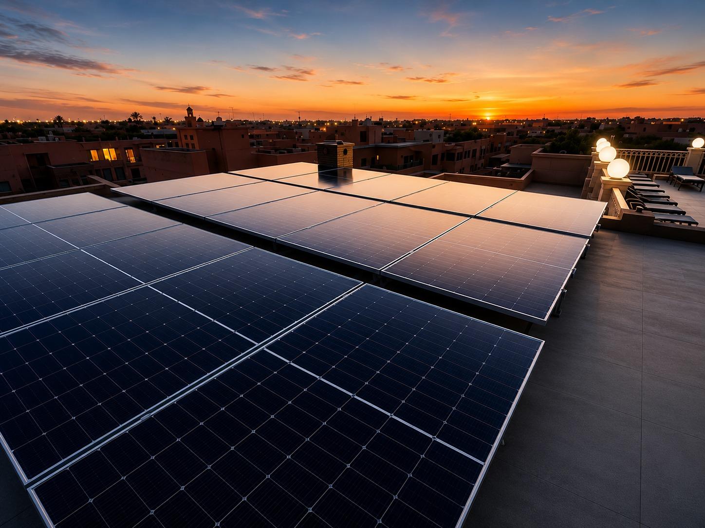 Hôtel avec piscine au Maroc et panneaux solaires en toiture