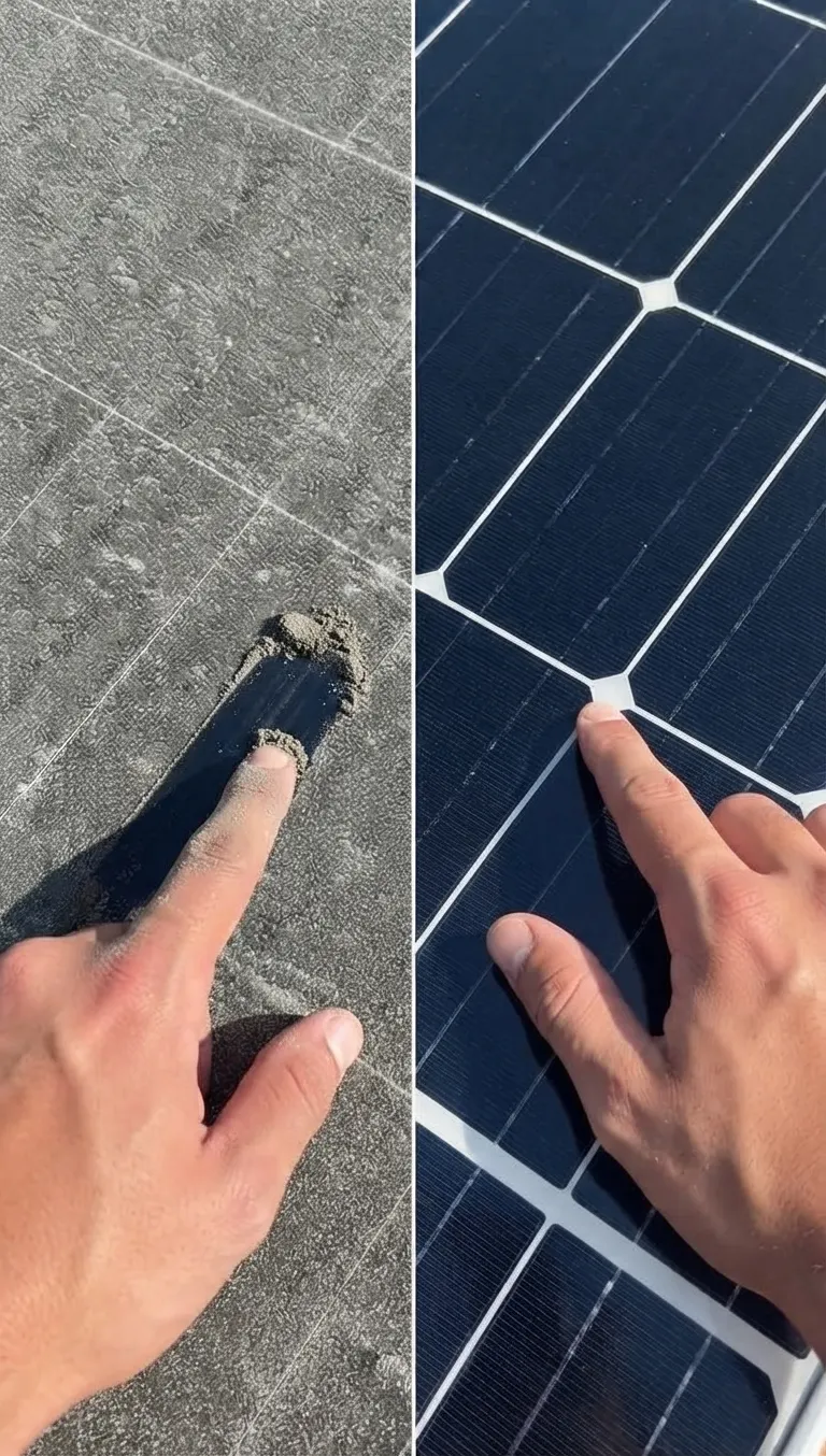 Panneau solaire couvert de poussière avant nettoyage, puis propre après nettoyage
