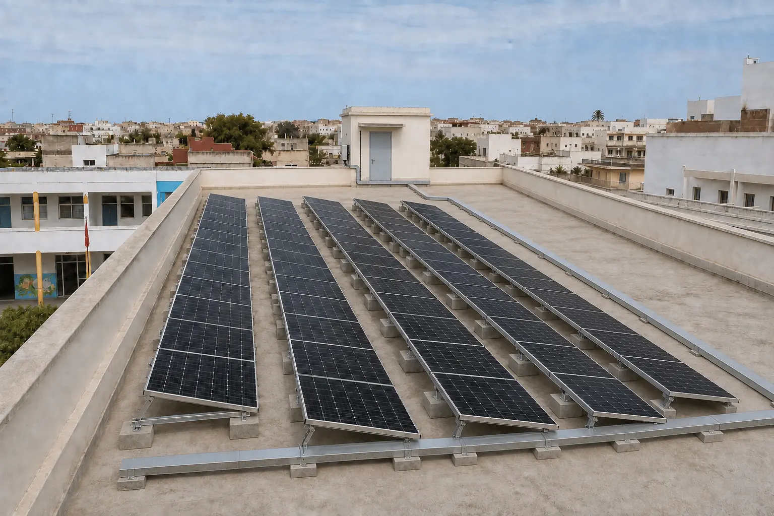 Techniciens installant des panneaux solaires en toiture-terrasse à Casablanca