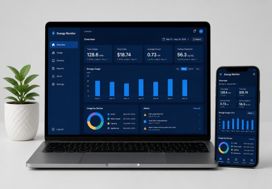Plateforme de supervision photovoltaïque affichée sur ordinateur portable et smartphone